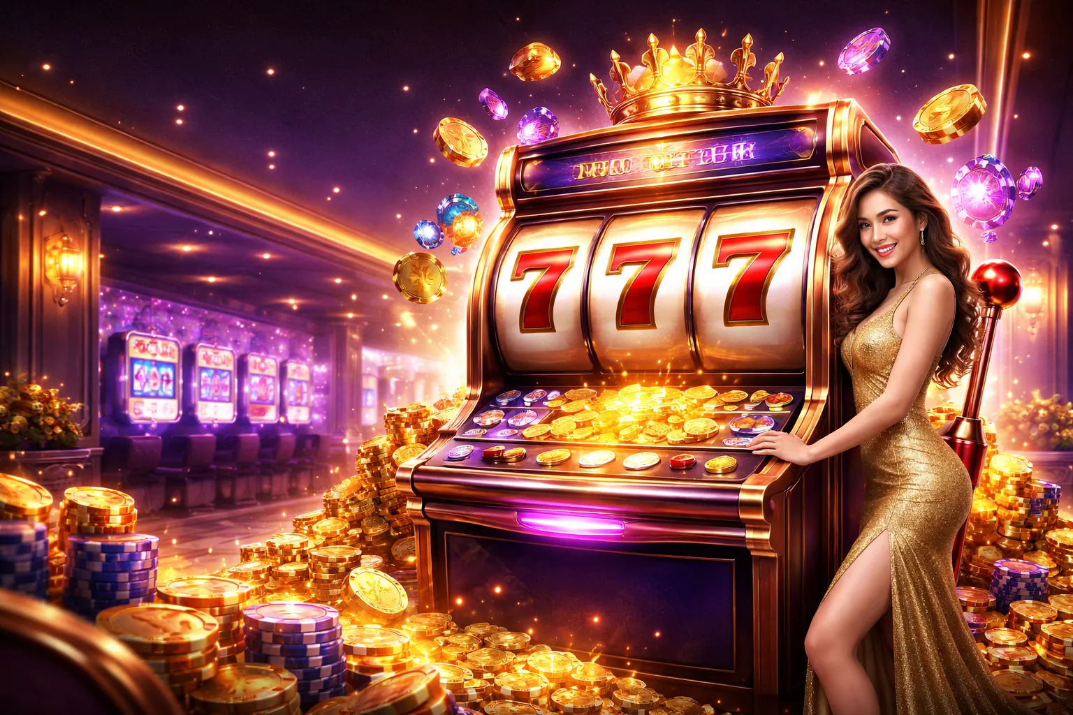 Trò chơi Slot và Jackpot với g666 giftcode, đèn neon sòng bạc lung linh và biểu tượng tiền vàng rực rỡ.